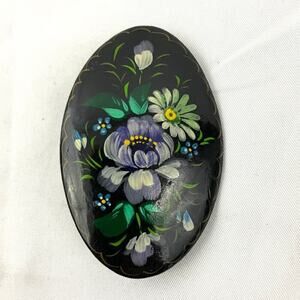 VTG Brooch Russian Lacquer Flower Brooch Hand Painted Signed